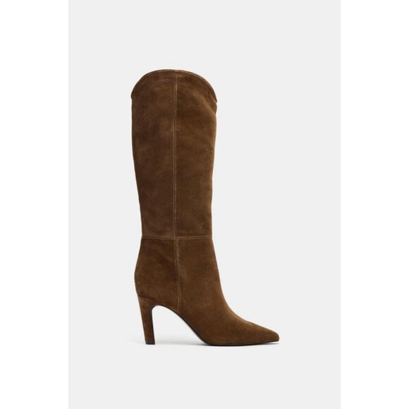 ZARA STITCHED SPLIT SUEDE HEELED BOOTS - Picture 1 of 8